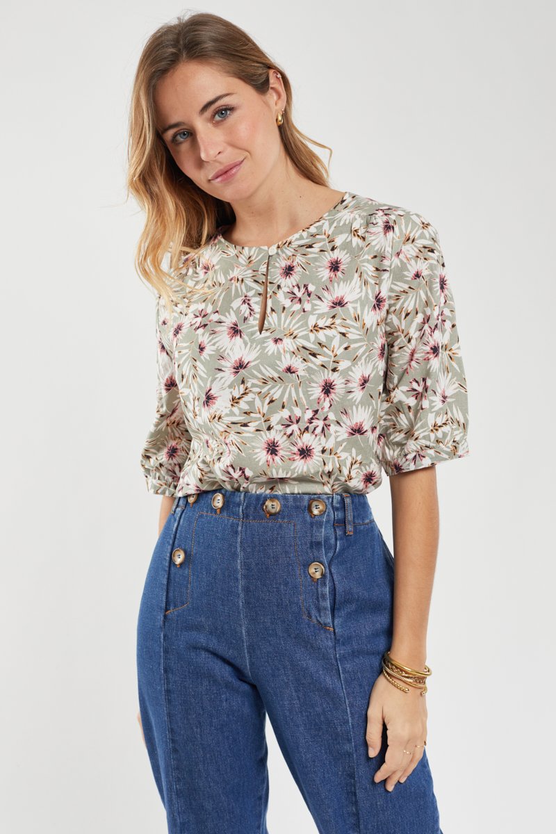 Bluse mit „Blumen“-Muster – Leinen und Baumwolle