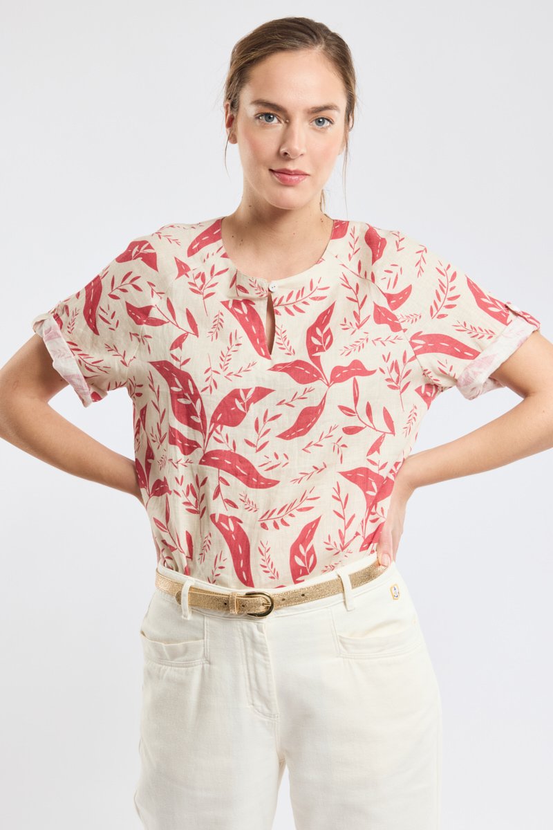 Bluse mit Pflanzenmotiven – Leinen